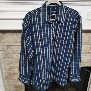 Wrangler blue and tan plaid pearl snap western shirt men's size XL